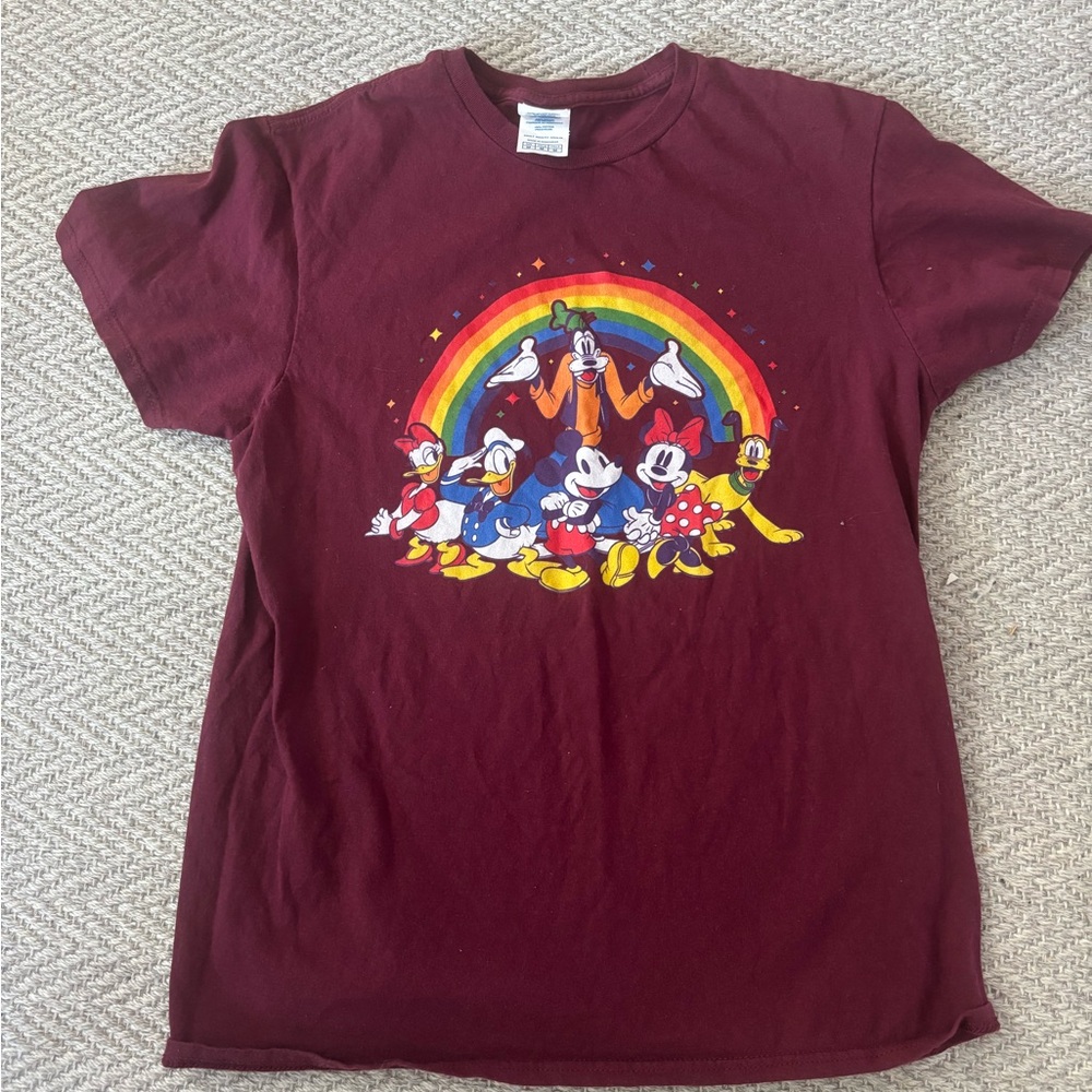 Vintage Disney Burgundy women’s T-Shirt with Rainbow and Characters